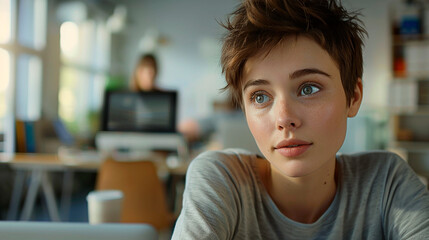 Wall Mural - A woman with short hair is sitting at a desk with a laptop in front of her