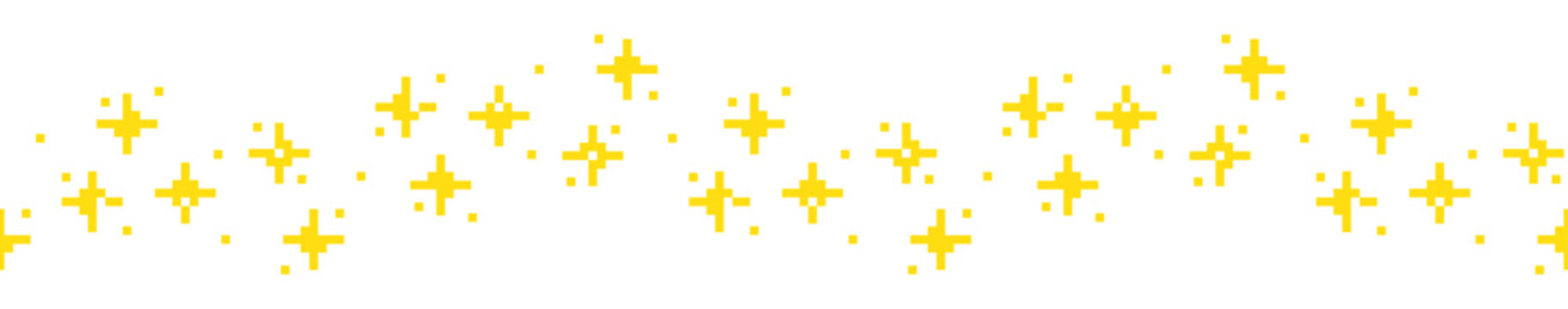 Pixel sparkling golden stars seamless border. 90s 8 bit game style glitter graphic element for branding, packaging, prints. Trendy modern retro vector illustration isolated on transparent background