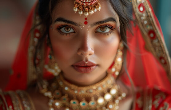 Close-up of Indian bride with traditional jewelry and red veil, intense gaze