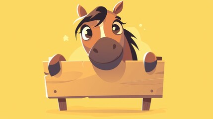 Sticker - Charming horse cartoon holding a wooden board embodying a horse icon concept in a delightful flat cartoon style Perfect for enhancing your web landing page banner flyer sticker or card desig