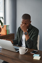 Canvas Print - Business, tired and black man with headache, laptop and stress with error 404, glitch and mistake. African person, employee and professional with migraine, pc and exhausted with fatigue or frustrated