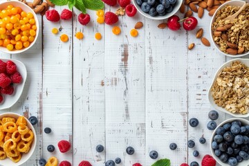 Healthy breakfast ingredients border on white wood background with copy space for text