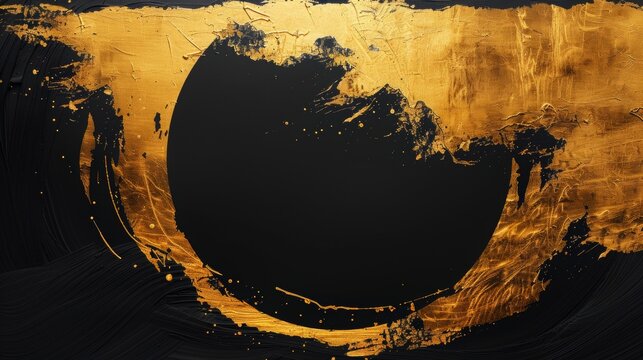 Black background with golden brush strokes, simple and elegant style, golden ink, minimalist design