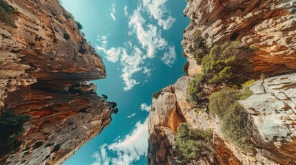 Wall Mural - Overhead shot of cliff faces against a blue sky backdrop, offering a unique perspective on natural geological wonders