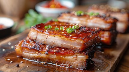 Wall Mural - Slices of crispy pork belly, featuring three layers of heavenly goodness, a satisfying culinary experience