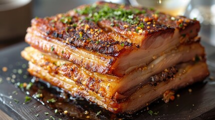 Wall Mural - Three-layered pork belly, perfectly roasted to crispy perfection, offering a mouthwatering indulgence