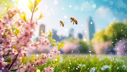 Wall Mural - Springtime Bees on Blooming Cherry Blossoms