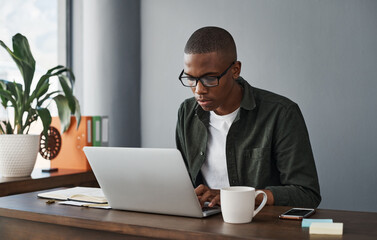Fototapete - Business, laptop and black man typing in office for software, research and check information in creative startup. Computer, web developer and reading email on internet for planning project online