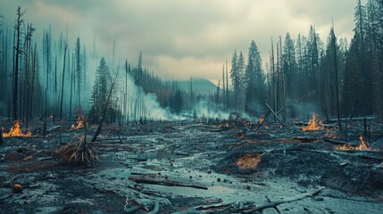 Wall Mural - Devastated forest area after a wildfire, emphasizing the increasing frequency and severity of forest fires due to climate change.
