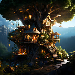 Wall Mural - adventurous dwarf house in a tree , ai-generatet