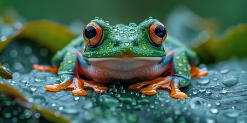 close up green frog with big eyes on green leaf with water droplets on it