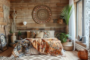 Wall Mural - Cozy boho style bedroom interior with wooden walls and ethnic decor