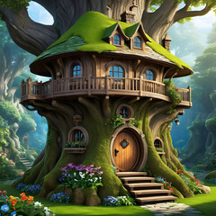 Wall Mural - adventurous dwarf house in a tree , ai-generatet