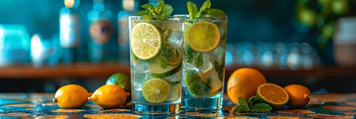 Wall Mural - Glasses filled with cool tropical cocktails like lemonade await, garnished with lime slices and mint leaves.