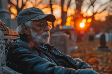 Wall Mural - In the graveyard, an elderly man sits in contemplation, paying his last respects to his wife.