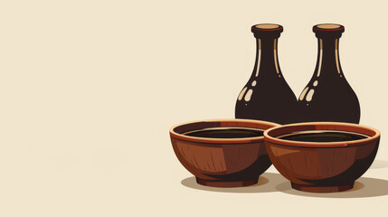 Artistic display of traditional Asian soy sauce in rustic earthenware containers on a beige background.