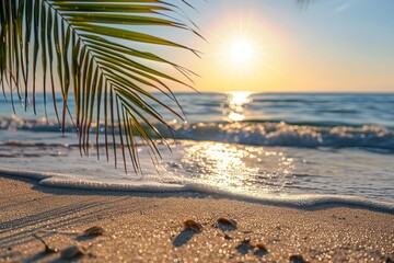 Wall Mural - Tropical beach scene  vibrant green palm leaf with sunlight bokeh on ocean wave background