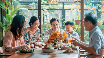 A family is sitting around a table eating and drinking