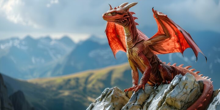 Majestic Red Dragon Perched on Rocky Summit. Concept Fantasy Creature, Mythical Beast, Red Dragon, Rocky Terrain, Majestic Summit