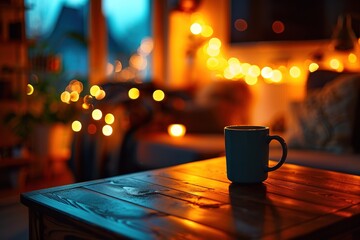 Wall Mural - Cozy evening with a coffee mug on wooden table illuminated by warm lights