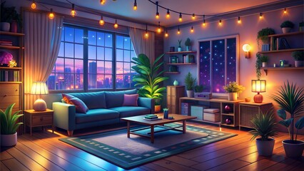 Canvas Print - animated virtual backgrounds, stream overlay loop, cozy lo-fi living room at night, vtuber asset twitch zoom OBS screen, anime chill hip hop