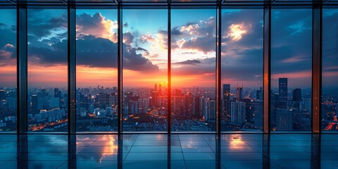 Wall Mural - A modern downtown skyline at dusk, with skyscrapers reflecting the sunset, showcasing urban success.