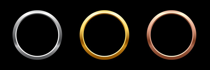 Wall Mural - gold, silver and bronze metal circle frames 3d vector realistic illustration. first, second and thir