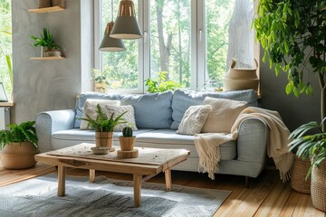 Wall Mural - Cozy vintage living room in blue and gray tones. Stylish sofa, wooden coffee table, carpet on the wooden floor, pendant lamp, plants, home decor, large window with garden view