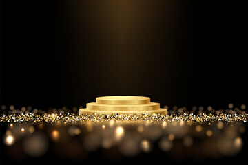 Wall Mural - gold podium background isolated on black. golden light award stage with glowing glitter sparkle conf
