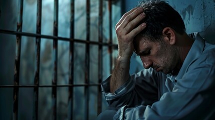 A man is sitting in a jail cell with his head on his hands