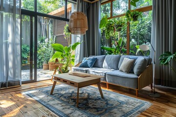 Poster - Cozy vintage living room in blue and gray tones. Stylish sofa, wooden coffee table, carpet on the wooden floor, pendant lamp, plants, home decor, large window with garden view