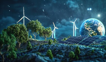 Miniature models of earth and eco-friendly photography of a green scenery, energy, electricity, created with AI