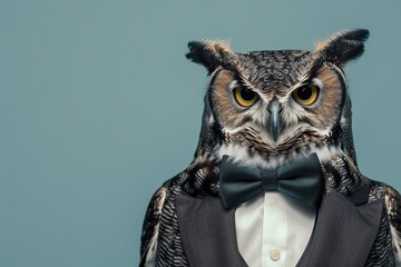 Poster - Creative animal concept. Elegant Owl in Business Attire with Bow Tie fashionable outfits on solid background advertisement, copy text space