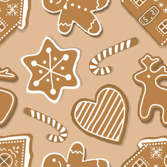 Wall Mural - Christmas Pattern. Seamless Print with Gingerbread Cookies. Gingerbread houses, deer, heart, Gingerbread Man, star. Cute Background. Template. Vector illustration on caramel background