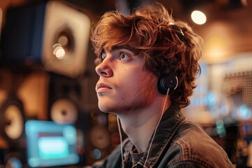 Close-up of a young male audio engineer wearing headphones in a recording studio.