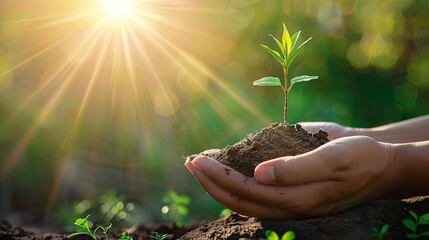 Wall Mural - Hands Nurturing Young Tree in Bright Sunlight