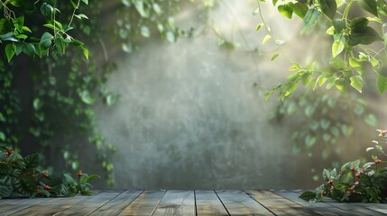 Canvas Print - a wooden table with a green plant on it and a light coming through the leaves of the tree above..