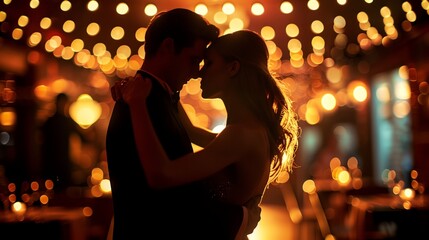 Wall Mural - a couple dancing in a dimly lit room with lights in the background