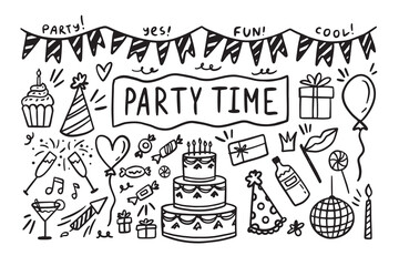 Wall Mural - Doodle party elements Hand drawn set. Sketch icons for invitation, flyer, poster