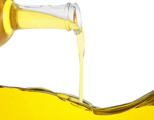 Wall Mural - Pouring cooking oil from jug on white background, closeup