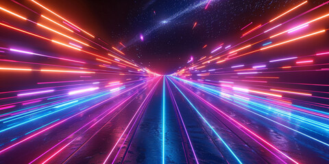 Wall Mural - Futuristic data stream with vibrant blue and red light trails in a digital matrix environment. Vivid light trails in a digital cyber grid with glowing blue and red hues creating a dynamic visual effe
