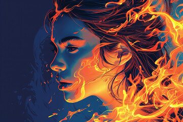 Wall Mural - Fire demon. Girl in the flames