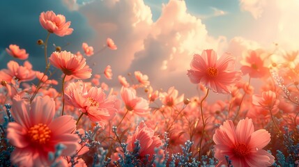 Wall Mural - spring morning with the sky in soft fluffy hues of peach and light blue, illuminatingfield of flowers