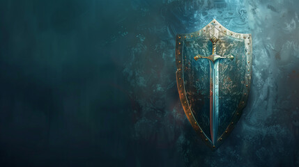 fantasy knight shield with sword isolated on dark grunge background with copy space for text, Medieval period concept