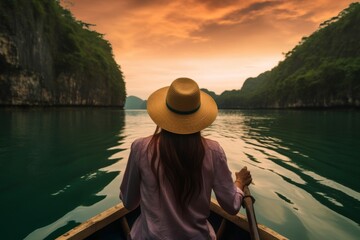 Wall Mural - woman exploring a river on small boat at sunset