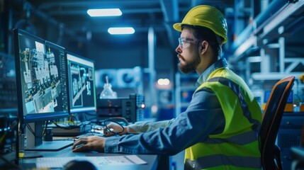 A man in a yellow safety vest is sitting at a computer with a monitor in front o