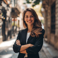 Wall Mural - Young woman CEO in her work suit with a blurred city street background 