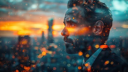 Wall Mural - multiple exposure shot of handsome young businessman superimposed on a cityscape