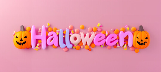 The word Halloween in pastel kawaii colors pink lilac peach purple orange with colorful cute candy lollies around 3d text typography with pumpkin jack-o-lantern isolated plain background fun banner