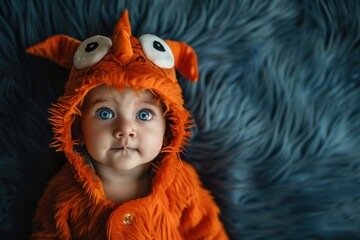 Poster - Cute baby boy in halloween monster costume with fun expression on face isolated on dark background, with copy space